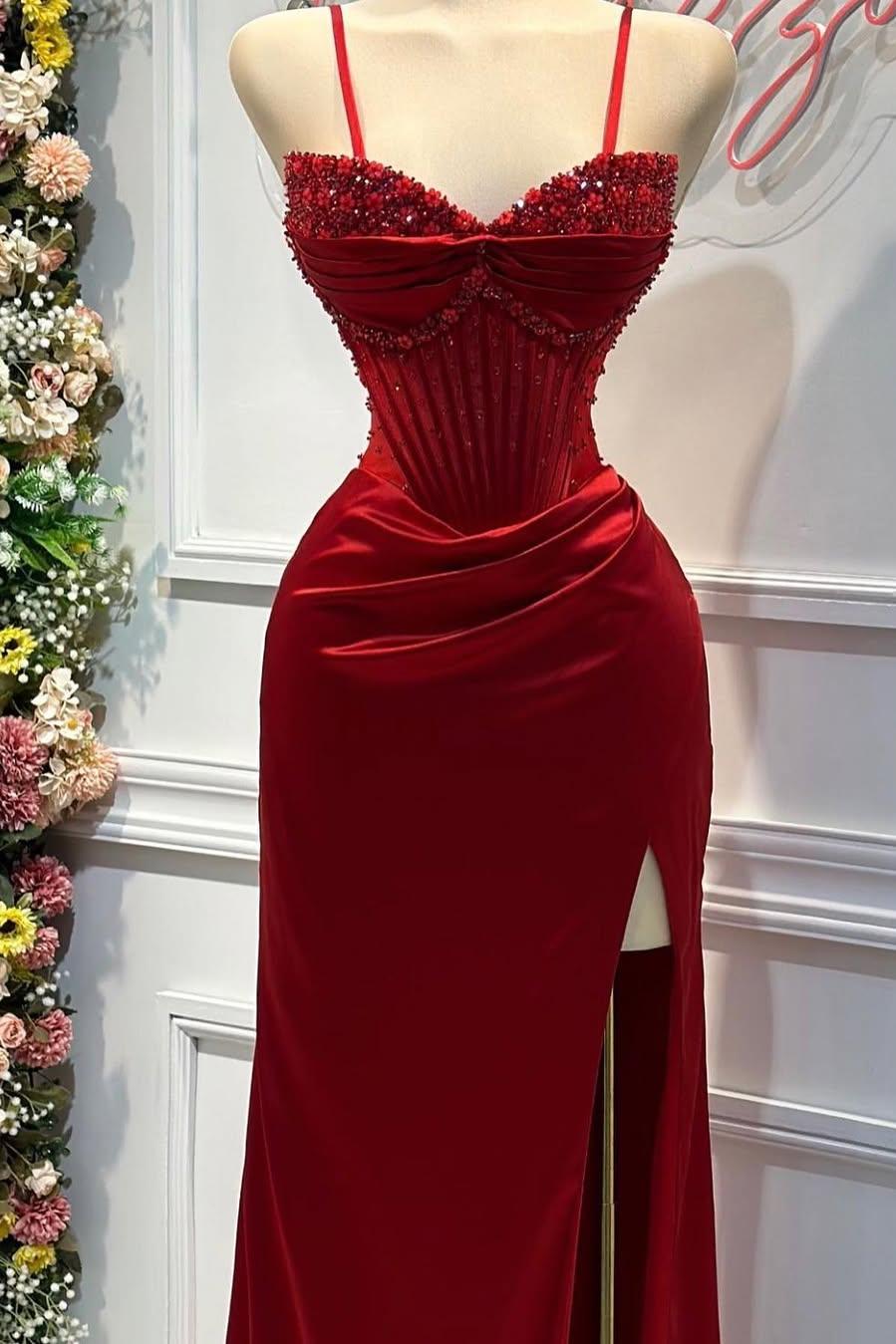 Shining Red Satin Spaghetti Strap Sweetheart Split Prom Dress with Beadings | Ballbella