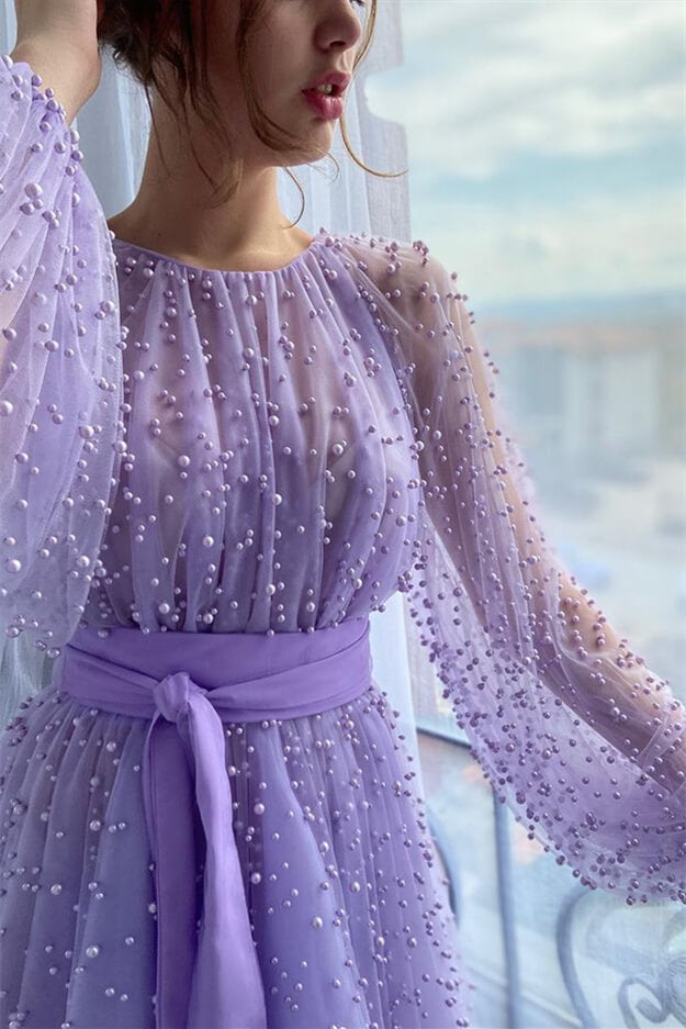Pearls Lilac Mermaid Beaded Jewel Evening Dress with Belt | Ballbella
