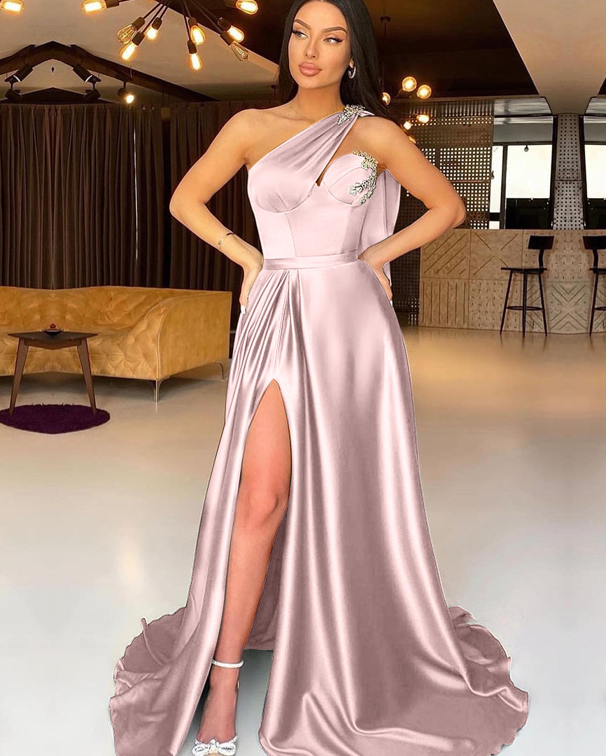 One-Shoulder Dark Green Split Evening Dress with Beadings | Ballbella