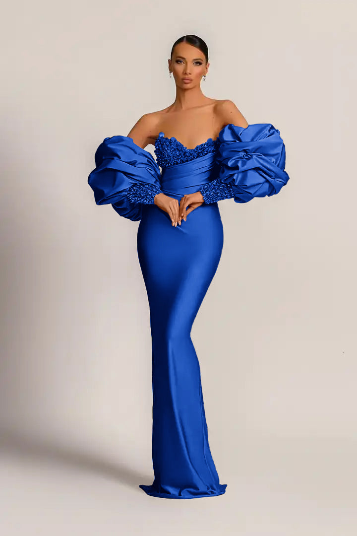 Purple Long-Sleeve Beaded Mermaid Evening Dress with Sequins | Ballbella