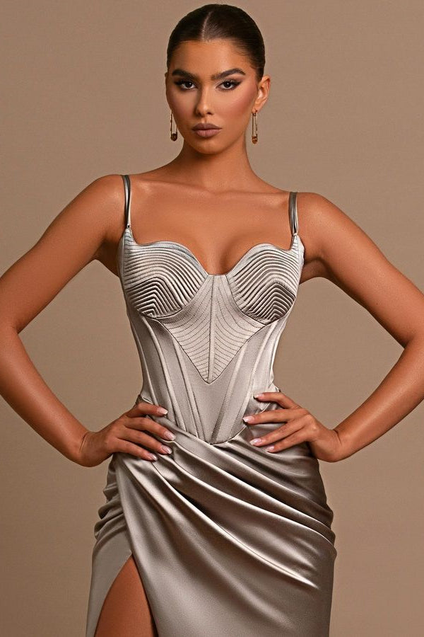 Silver Mermaid Vintage Slit Long Evening Dress with Spaghetti Straps | Ballbella