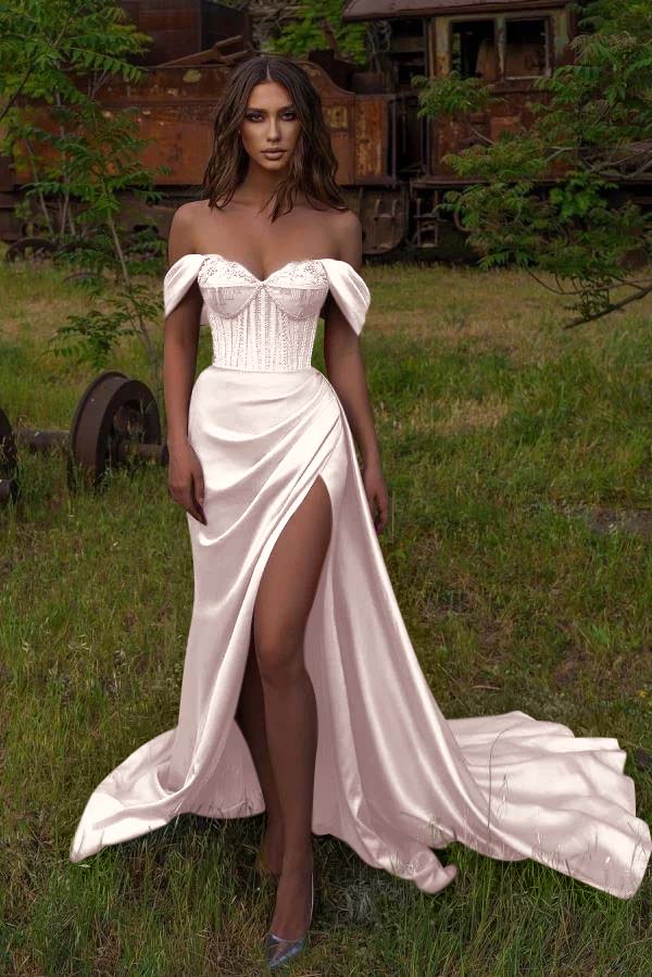 Off-the-Shoulder Sweetheart Mermaid Prom Dress with Beadings & Split | Ballbella