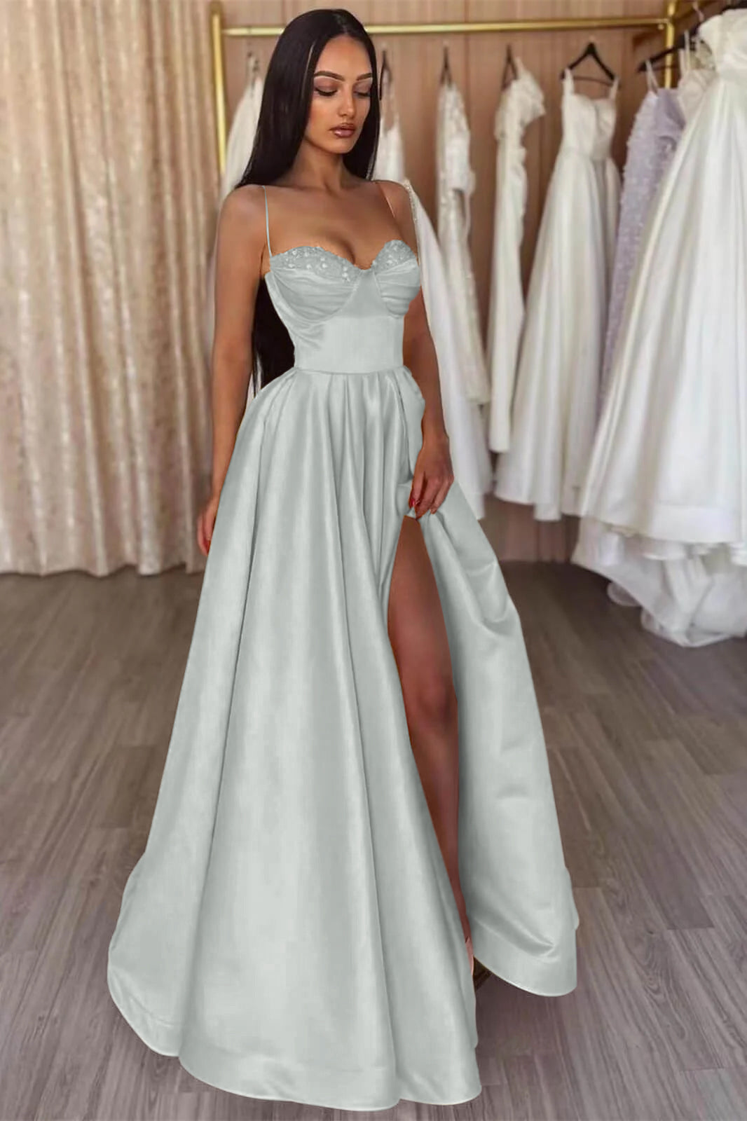 Yellow Split Evening Dress A-Line with Spaghetti-Straps | Ballbella