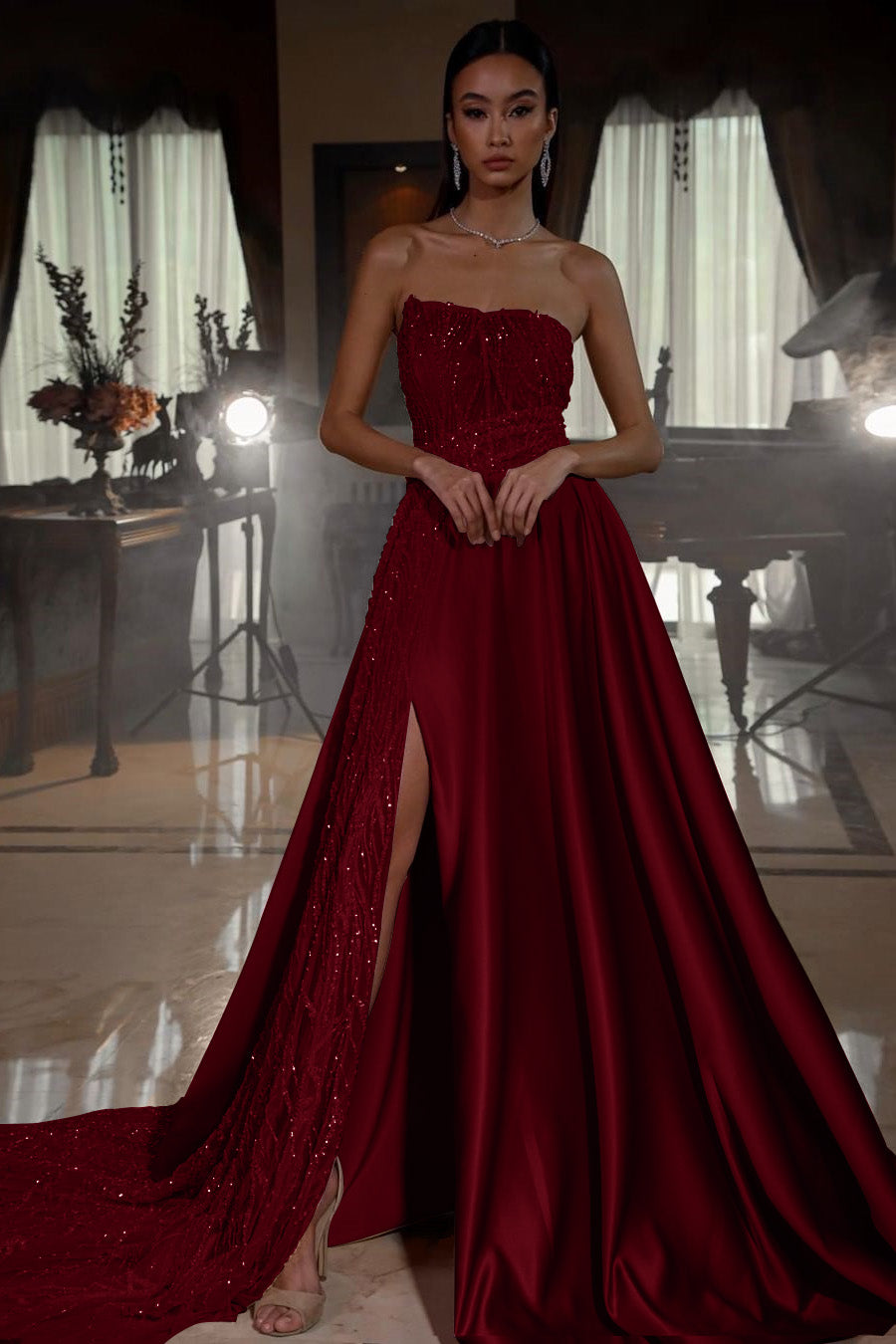 Pink Sleeveless Strapless Sequins A-Line Prom Dress with Split | Ballbella