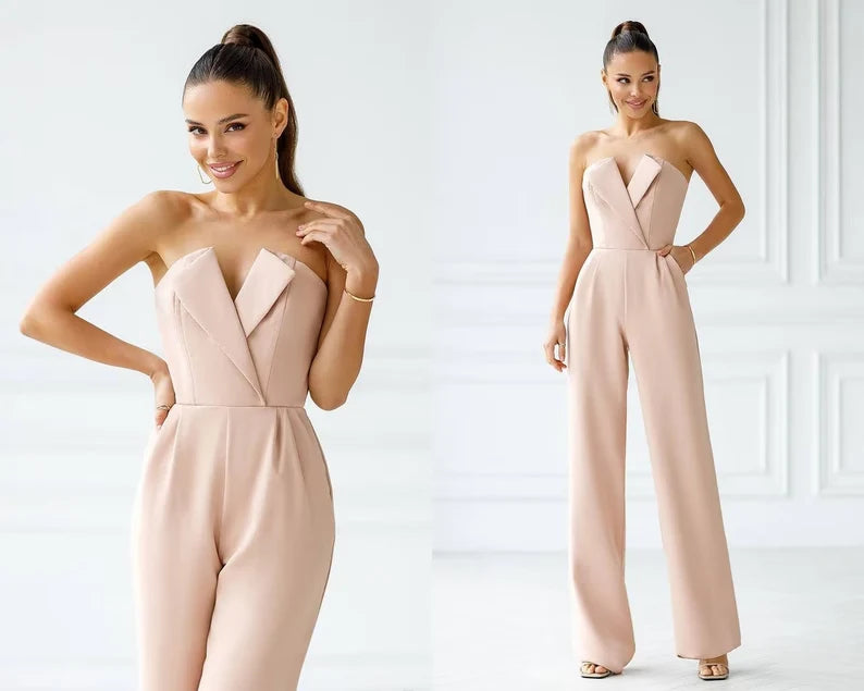 White Women’s Jumpsuit Bridal Wedding Bridesmaid Prom Graduation Corset Top Wide-Leg Pants | Ballbella