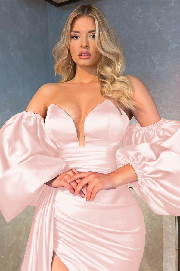 V-Neck Shiny Detachable Sleeves Evening Split Prom Dress with Long Ruffles | Ballbella
