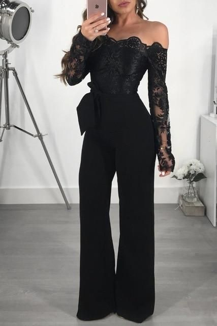 Off-Shoulder Floral Embroidery Lace Romper with Wide Leg | Ballbella