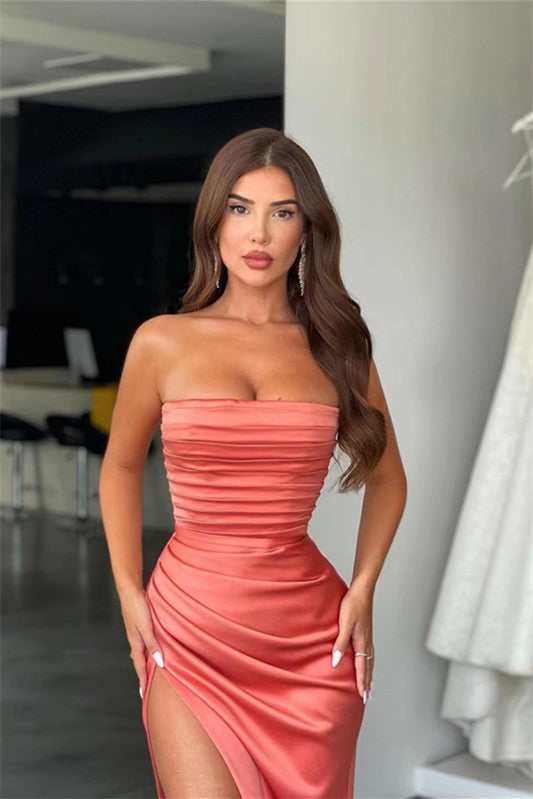 Amazing Coral Strapless Mermaid Prom Dress with Split and Pleats | Ballbella