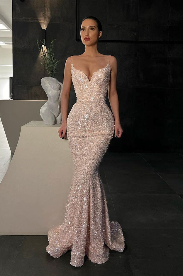 Spaghetti-Strap Long Evening Dress Mermaid with Sequins | Ballbella