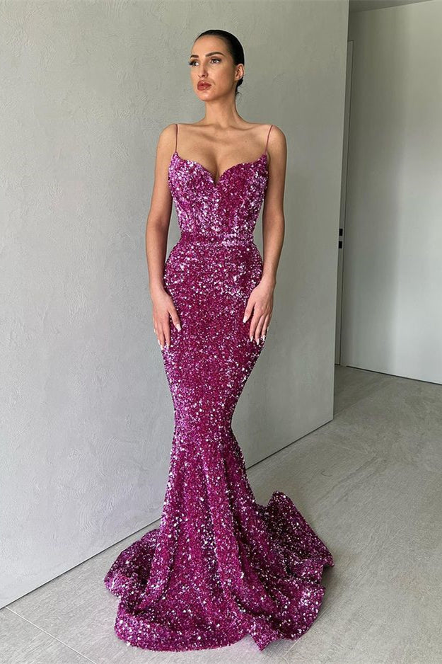 Spaghetti-Strap Purple Long Evening Dress Mermaid with Sequins | Ballbella