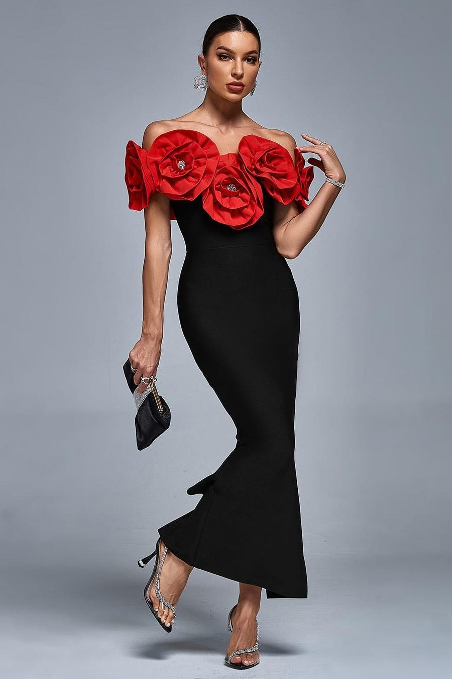 Exquisite Black Sleeveless Off-the-Shoulder Mermaid Prom Dress with Flower | Ballbella