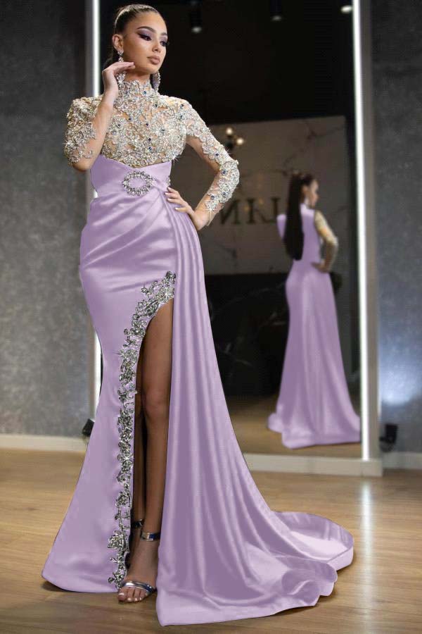 Royal Blue Beaded Long-Sleeve Mermaid Prom Dress with Split and Ruffles | Ballbella