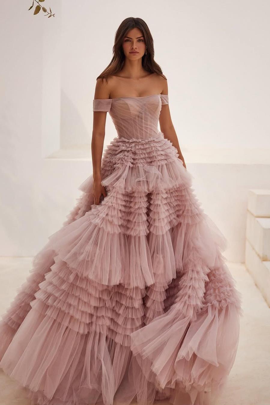 Amazing Blushing Pink Tulle Off-the-Shoulder Strapless Puffy Prom Dress with Ruffles | Ballbella