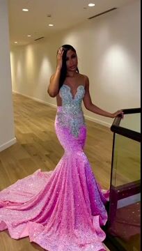 Glamorous Pink Straps Mermaid Beaded Prom Dress with Silver Sequins | Ballbella