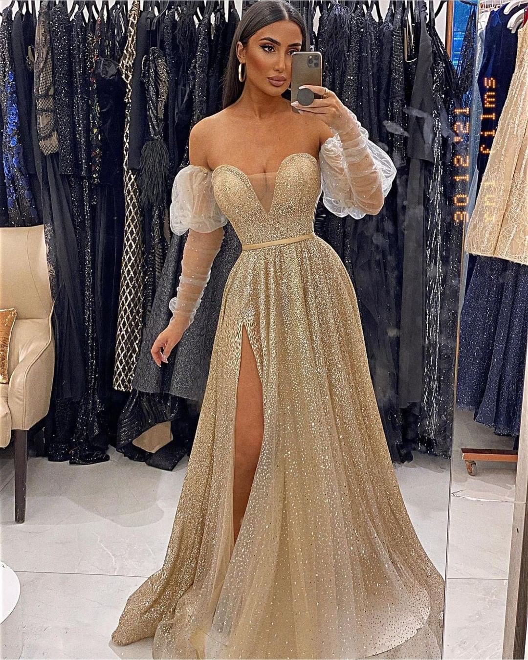 V-Neck Champagne Sequins Evening Prom Dress with Front Split and Long Sleeves | Ballbella