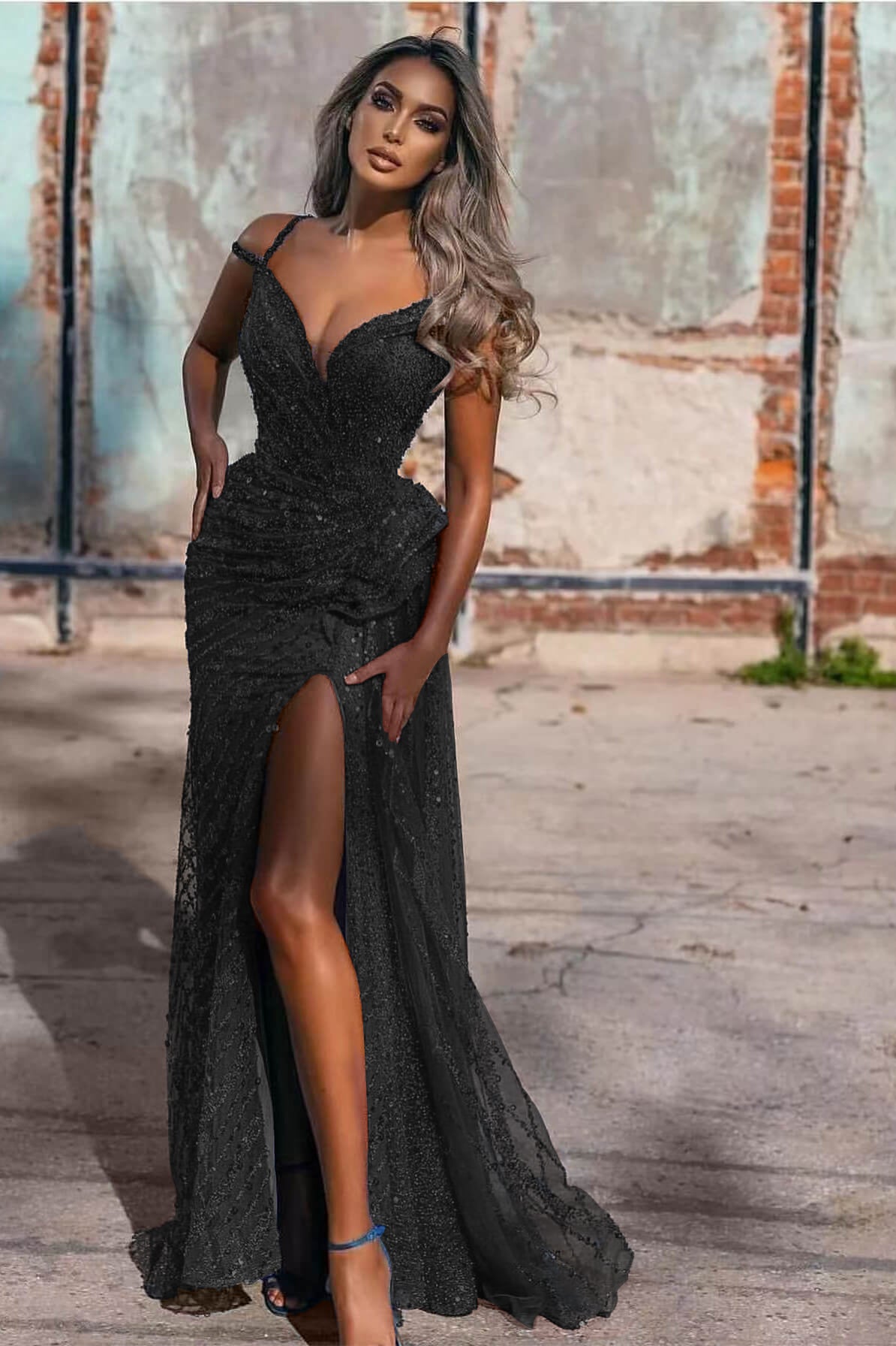 Sequins Royal Blue Off-the-Shoulder Evening Dress with Split Mermaid | Ballbella