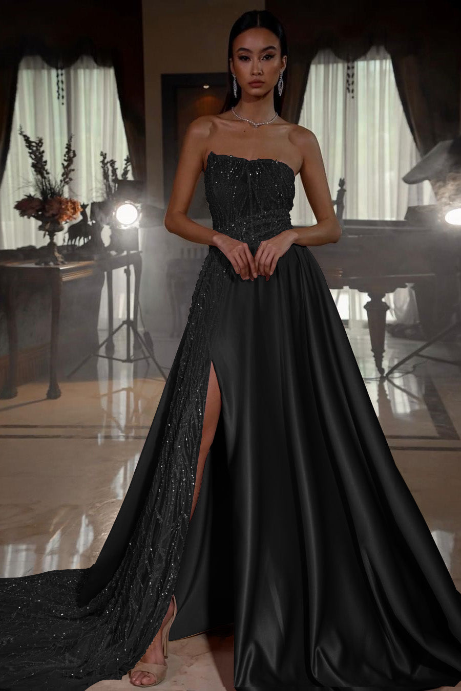 Pink Sleeveless Strapless Sequins A-Line Prom Dress with Split | Ballbella
