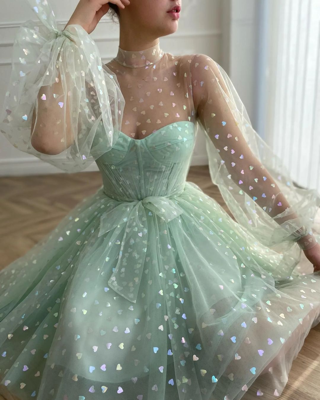 Mint Green Glitter Sweetheart Short Prom Dress with Lace Sequins | Ballbella
