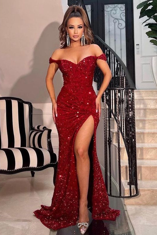 Off-the-Shoulder Red Sweetheart Sequins Mermaid Prom Dress with Split | Ballbella