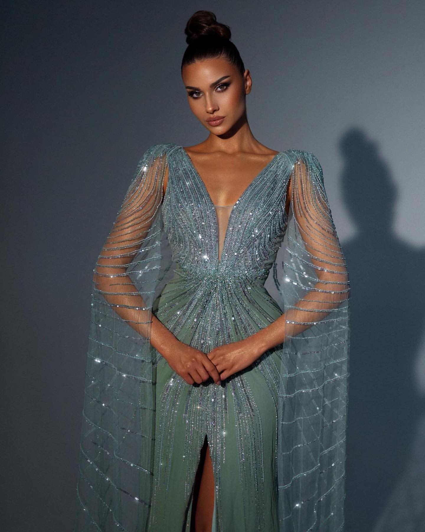 Shiny Sage Beaded Front-Slit Mermaid Prom Dress with Tulle Ruffles | Ballbella