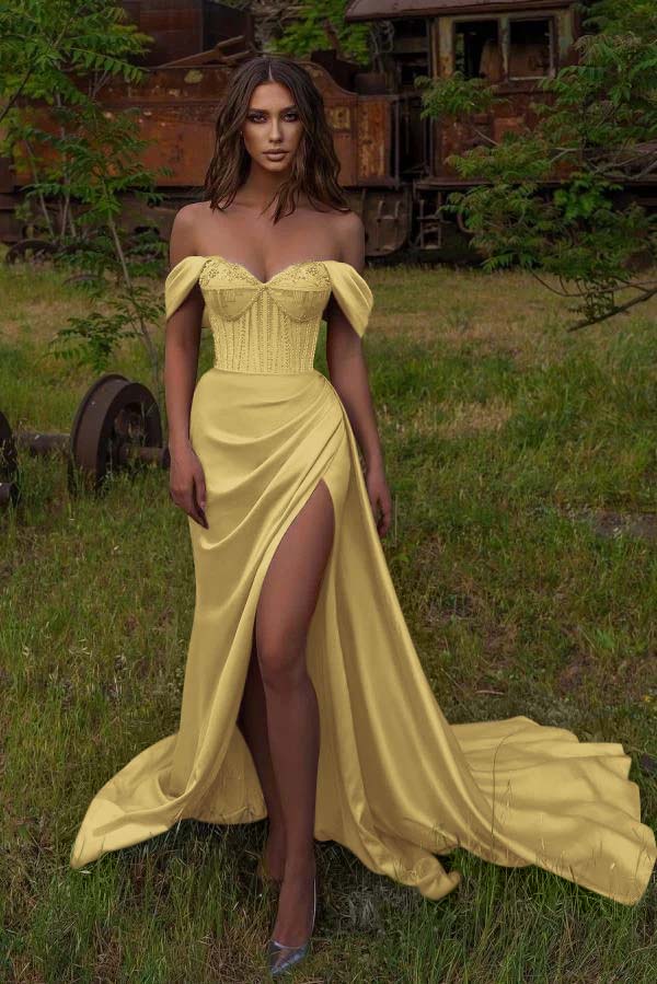 Off-the-Shoulder Sweetheart Mermaid Prom Dress with Beadings & Split | Ballbella