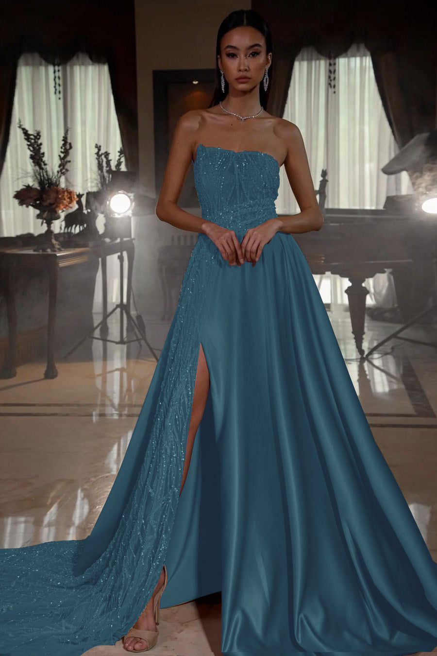 Pink Sleeveless Strapless Sequins A-Line Prom Dress with Split | Ballbella