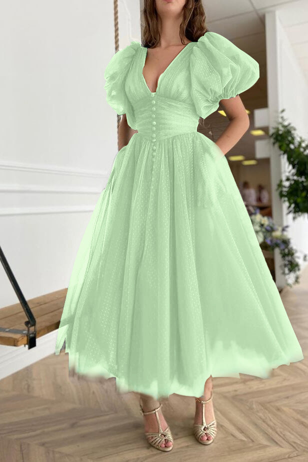V-Neck Dark Green Evening Dress A-Line with Short Sleeves | Ballbella