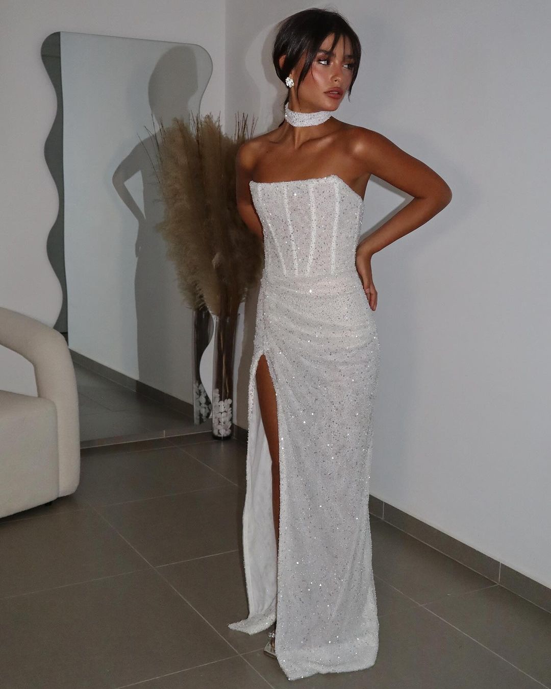 Shining White Sequins Strapless Sleeveless Long Pleated Prom Dress with Split | Ballbella
