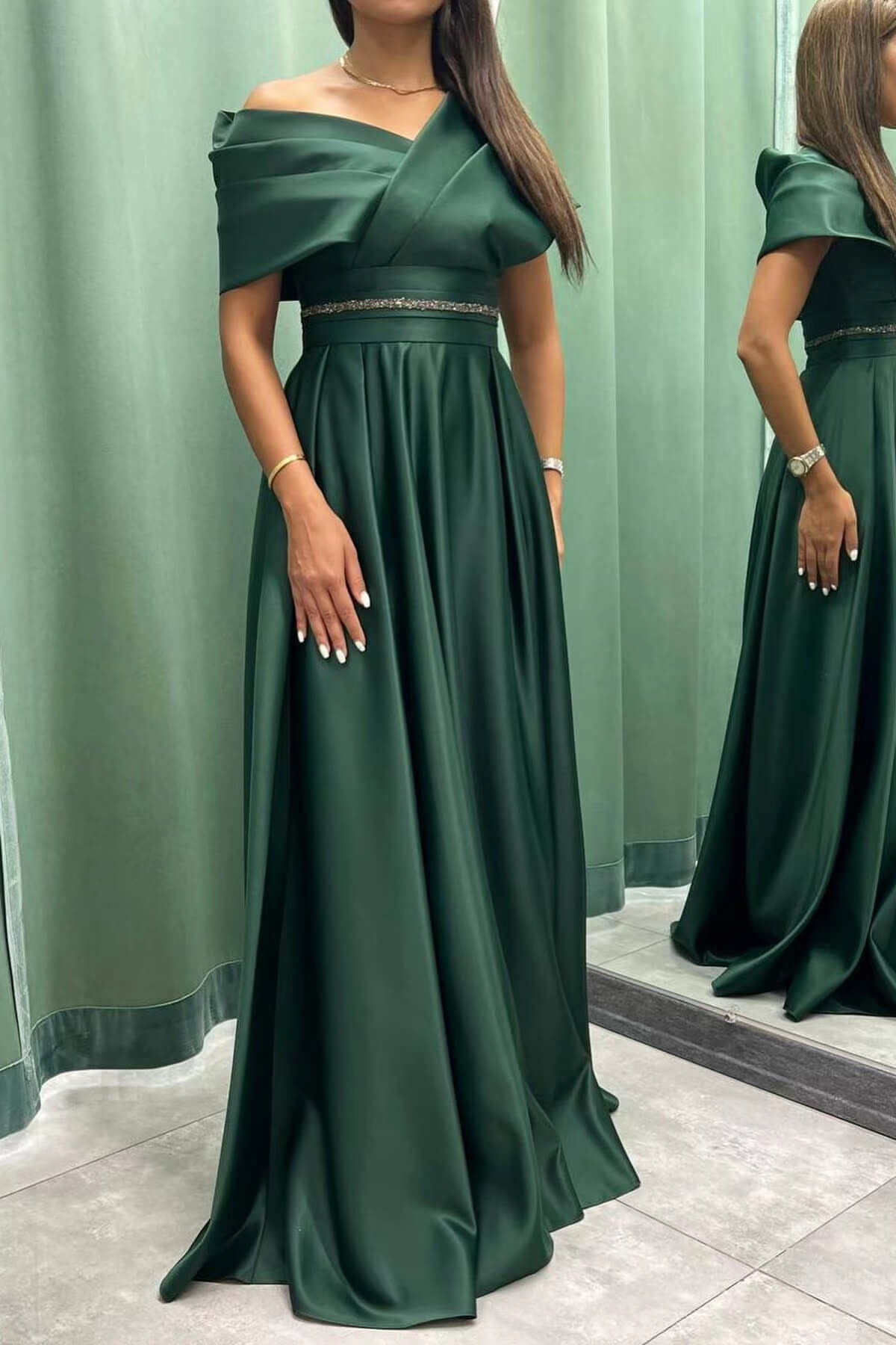 Off-the-Shoulder Elegant Long Evening Dress with Pleats | Ballbella
