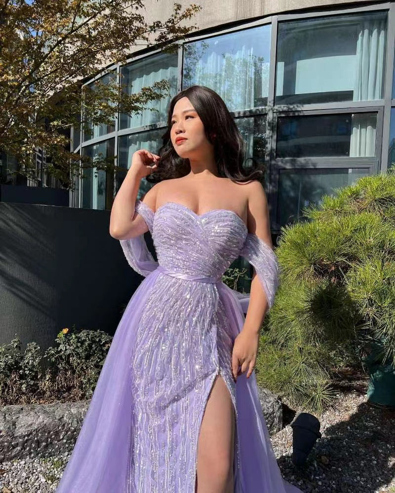 Off-the-Shoulder Sky Blue Sequins Prom Dress with Slit | Ballbella