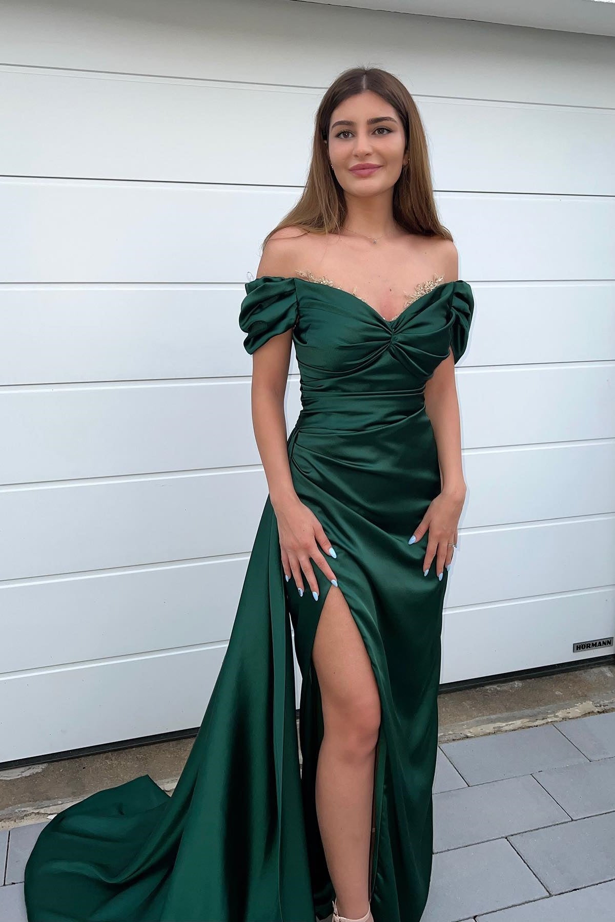 Sweetheart Dark Green Mermaid Prom Dress with Front Split and Off-the-Shoulder Beadings | Ballbella