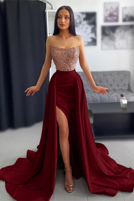 Simple Dark Pink Strapless Lace Appliques Slit Mermaid Prom Dress with Ruffles | Ballbella