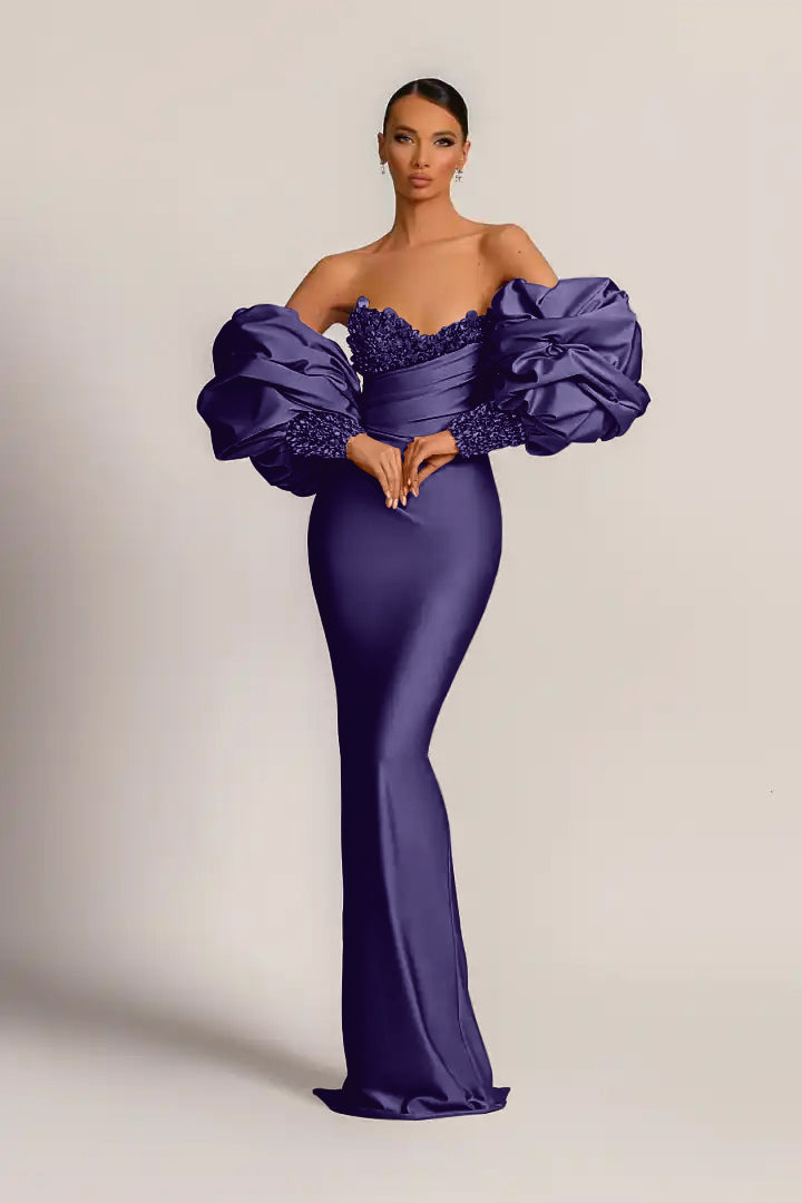 Purple Long-Sleeve Beaded Mermaid Evening Dress with Sequins | Ballbella