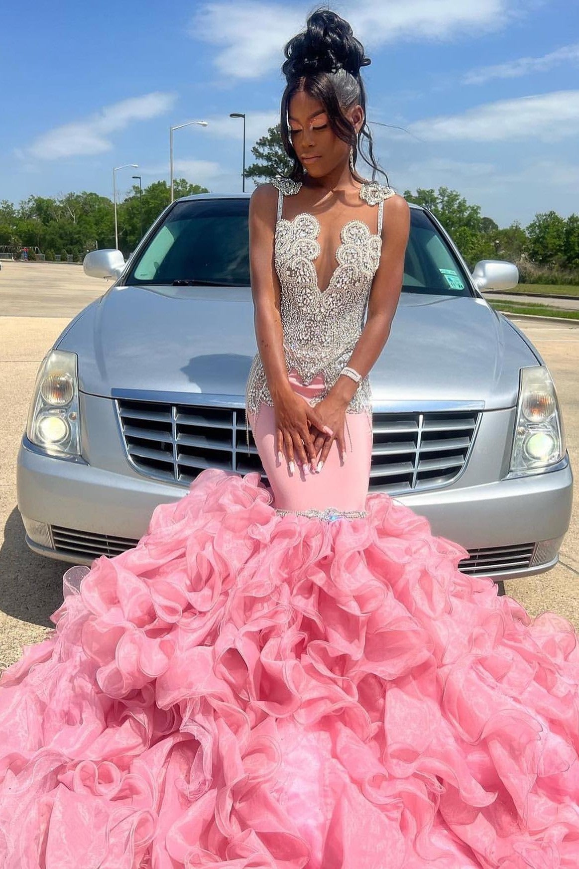 Stylish Pink Silver Appliques Beaded Evening Dress with Layers | Ballbella