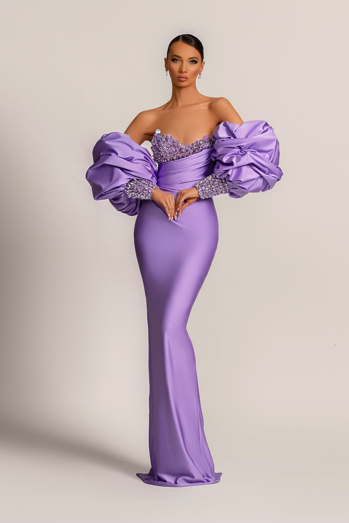 Purple Long-Sleeve Beaded Mermaid Evening Dress with Sequins | Ballbella