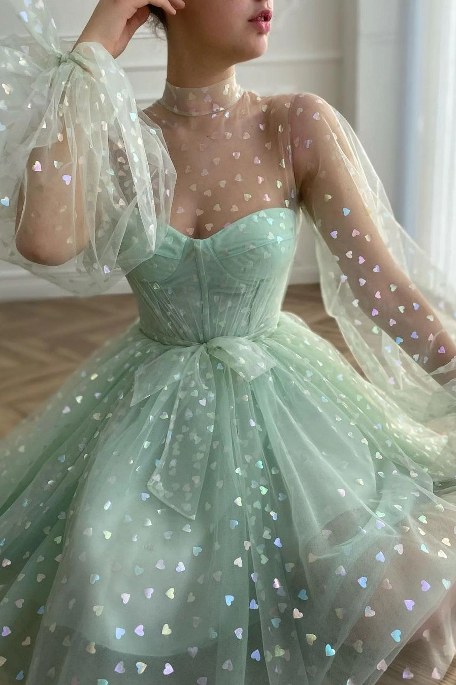 Mint Green Glitter Sweetheart Short Prom Dress with Lace Sequins | Ballbella