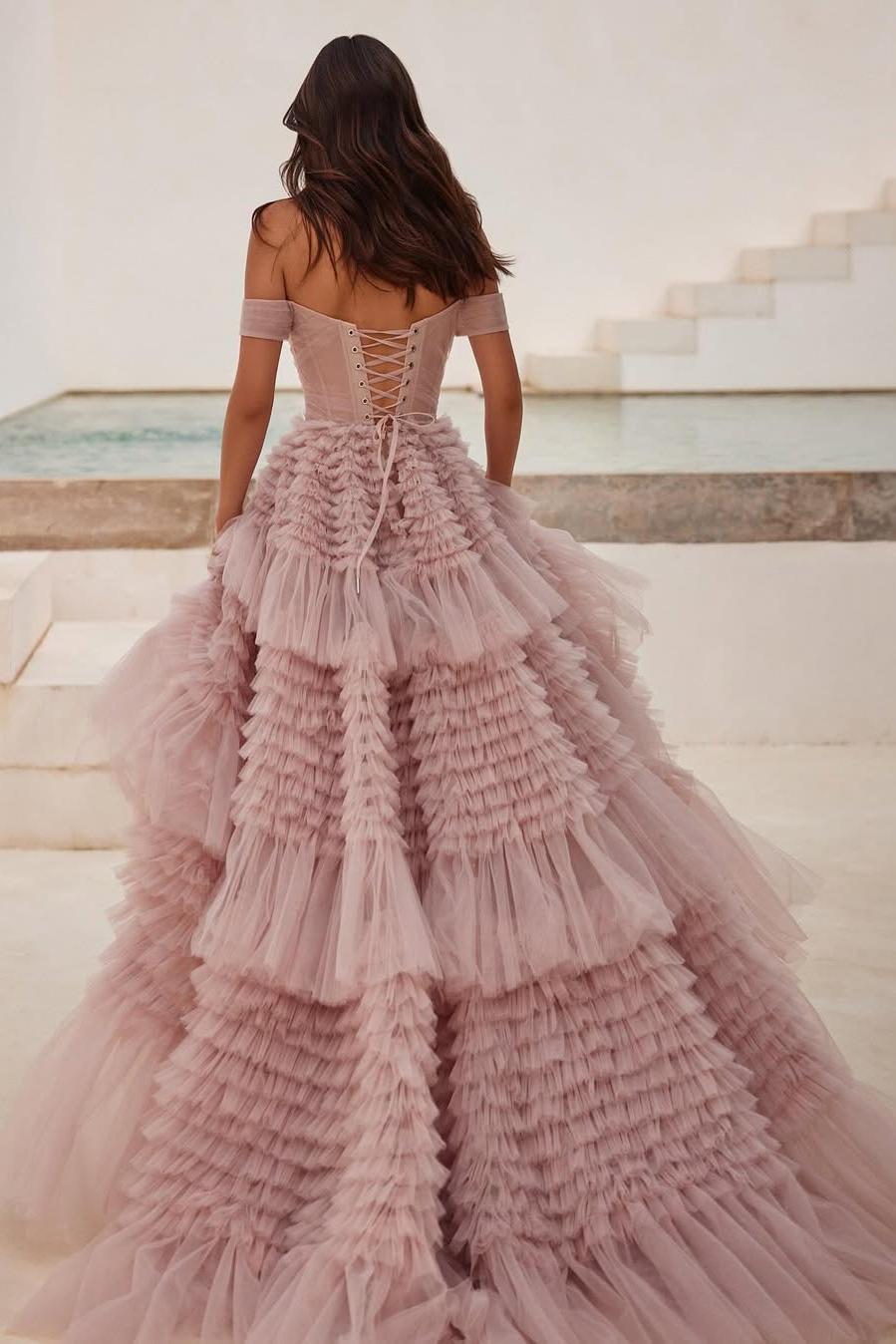 Amazing Blushing Pink Tulle Off-the-Shoulder Strapless Puffy Prom Dress with Ruffles | Ballbella