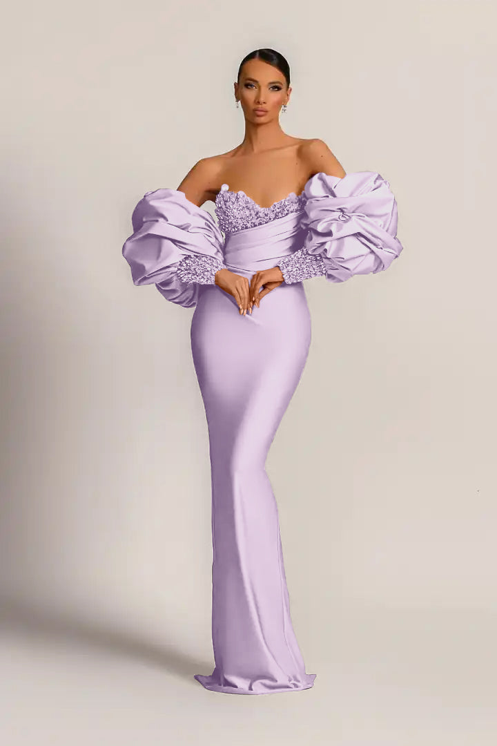 Purple Long-Sleeve Beaded Mermaid Evening Dress with Sequins | Ballbella