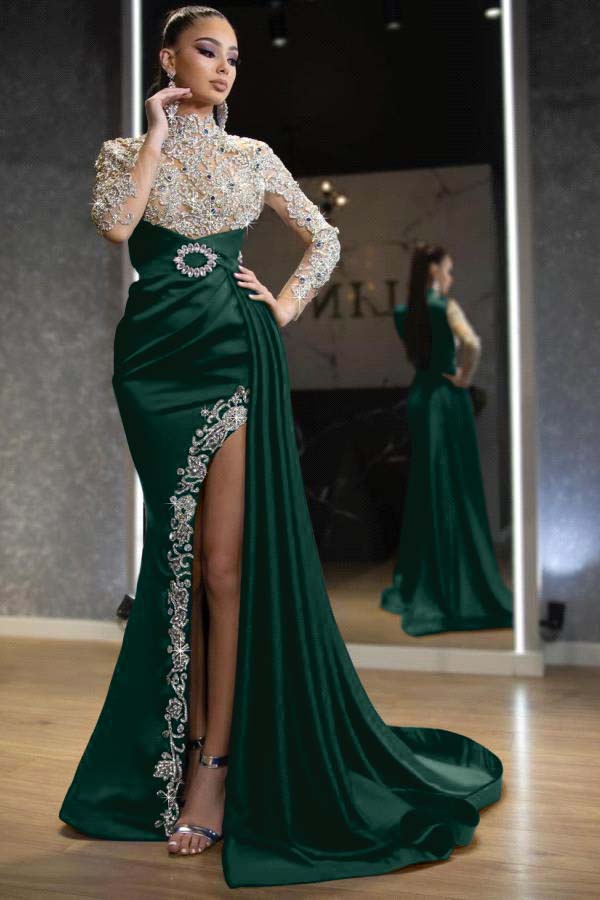Royal Blue Beaded Long-Sleeve Mermaid Prom Dress with Split and Ruffles | Ballbella