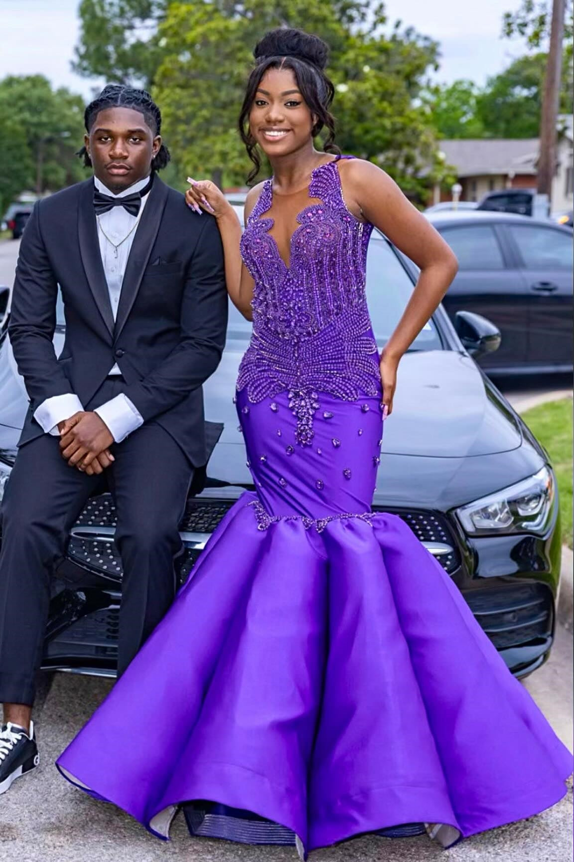 Glamorous Mermaid Purple Sleeveless Crystal Sexy Prom Dress