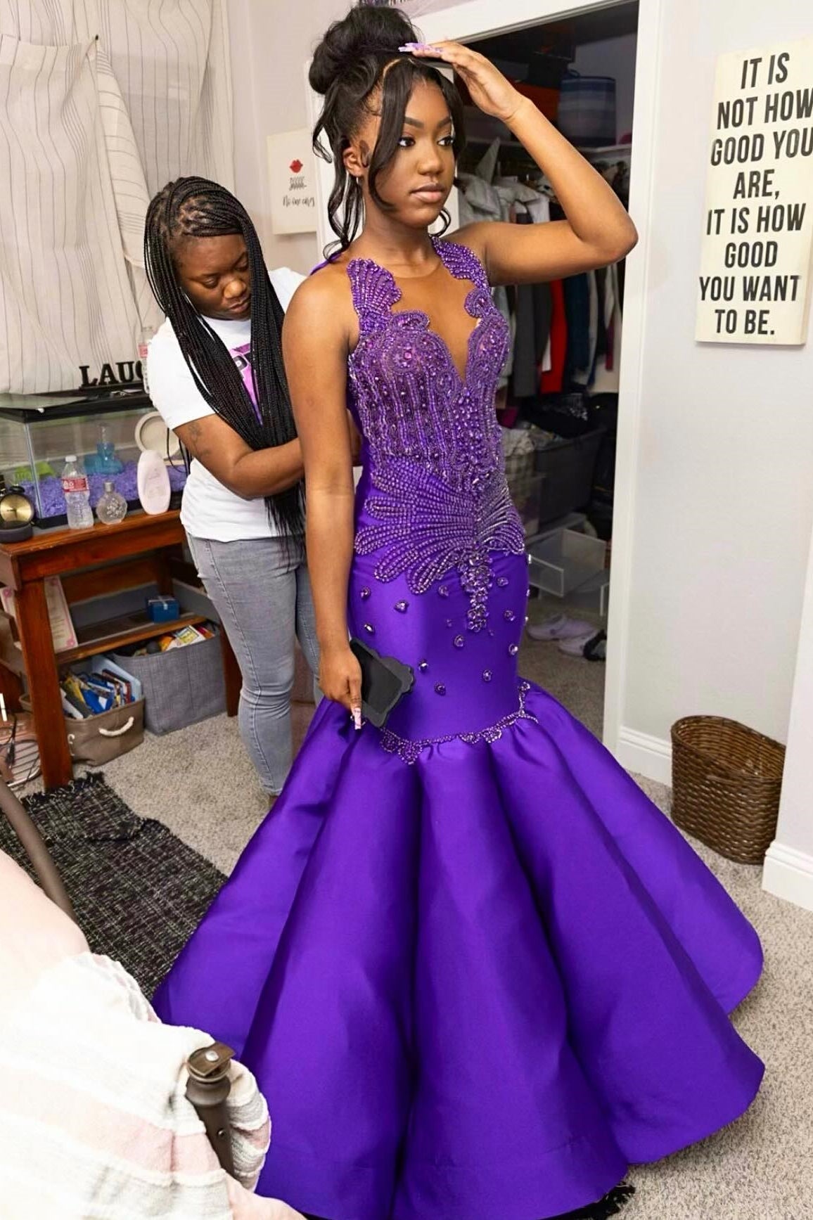 Glamorous Mermaid Purple Sleeveless Crystal Sexy Prom Dress