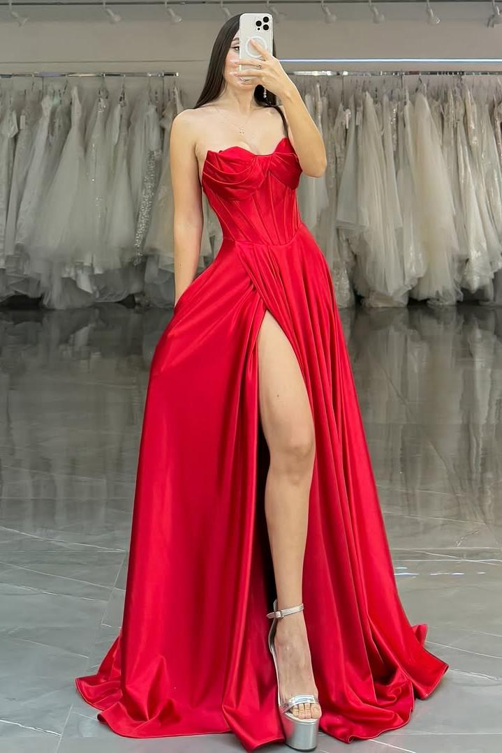 Simple Red Satin Sleeveless Strapless Sweetheart Pleated Prom Dress with Split | Ballbella