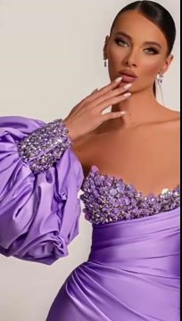Purple Long-Sleeve Beaded Mermaid Evening Dress with Sequins | Ballbella