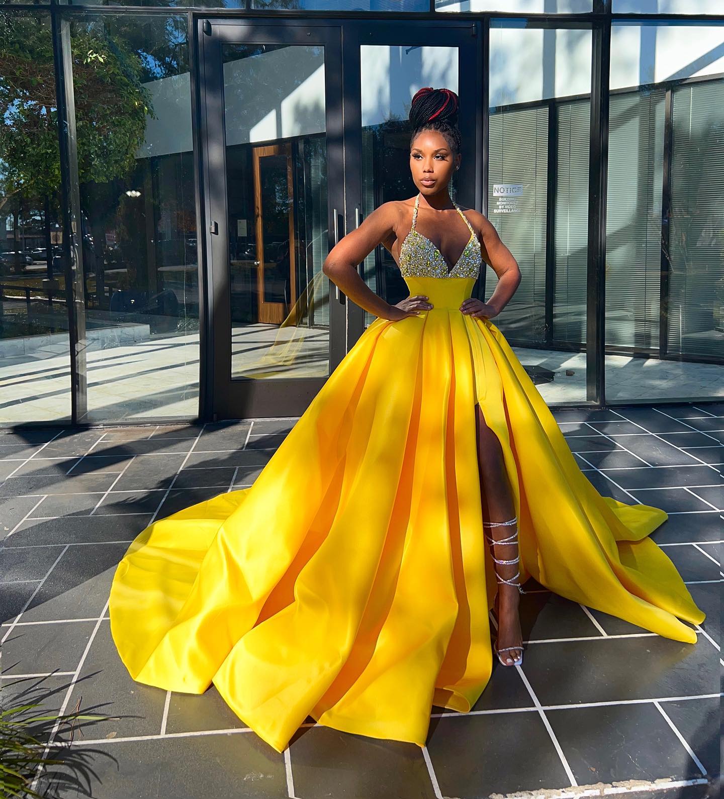 Hot Yellow Halter Open Back Beads Side Slit Prom Dress