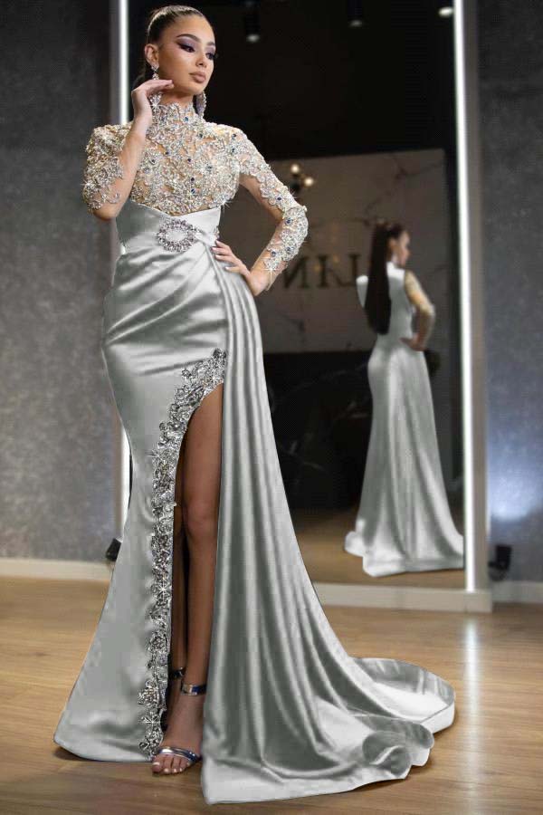 Royal Blue Beaded Long-Sleeve Mermaid Prom Dress with Split and Ruffles | Ballbella