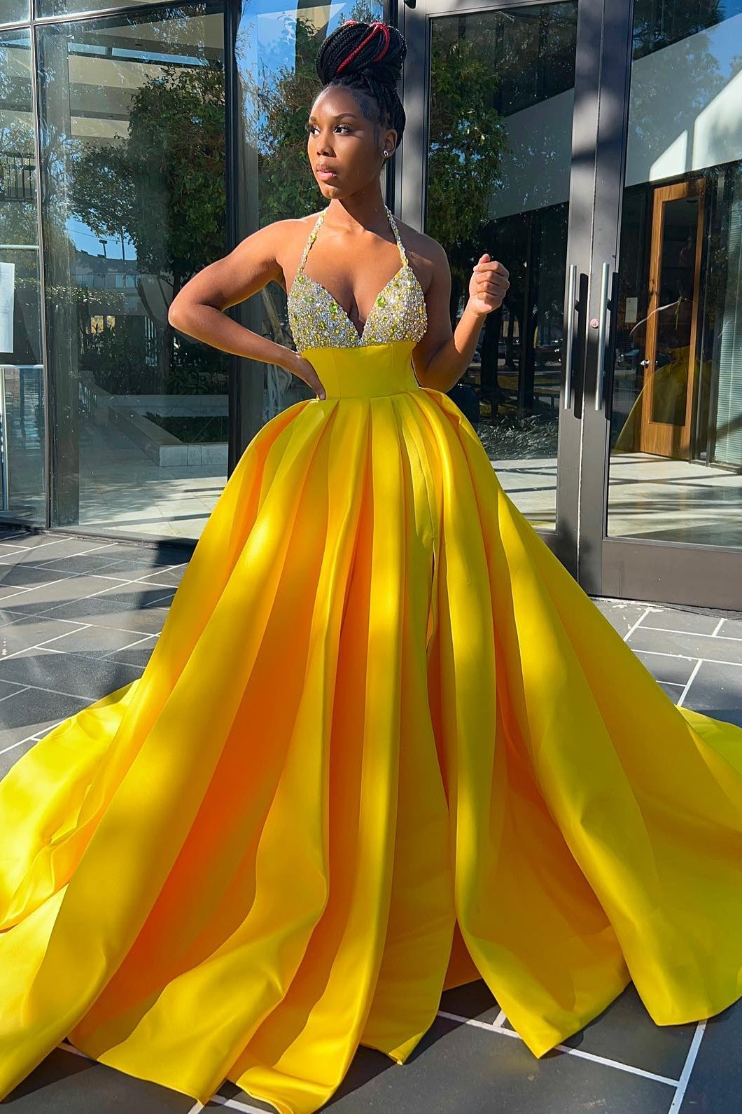 Hot Yellow Halter Open Back Beads Side Slit Prom Dress