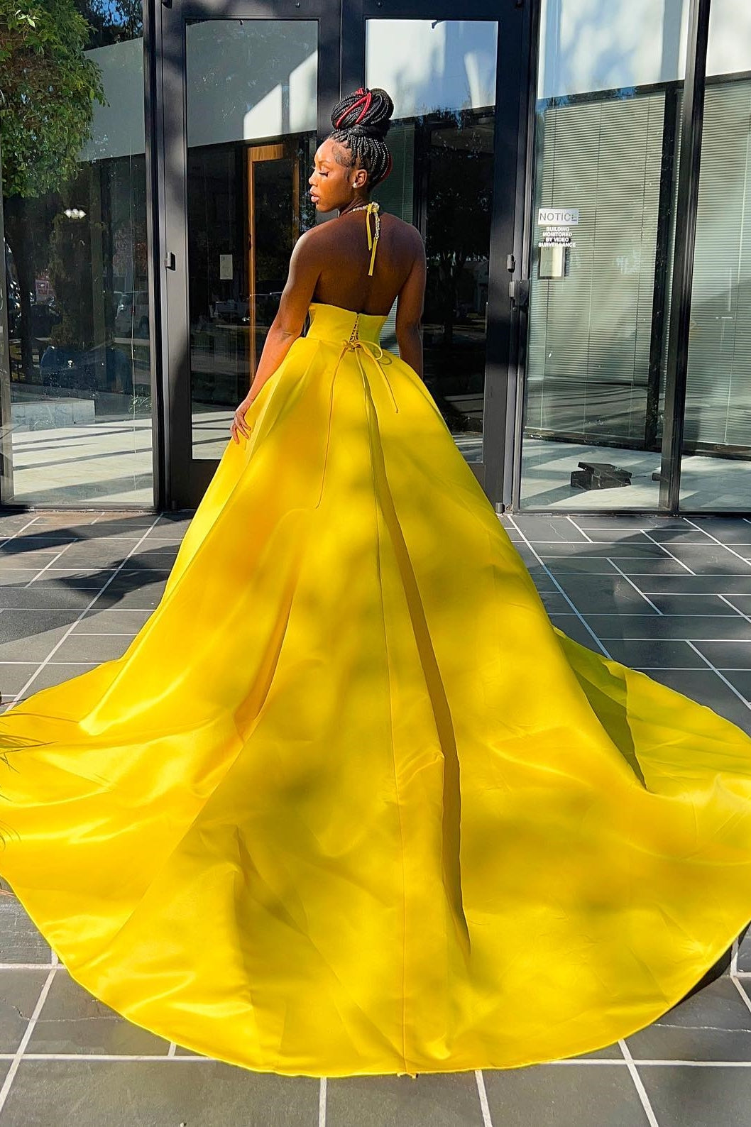 Hot Yellow Halter Open Back Beads Side Slit Prom Dress