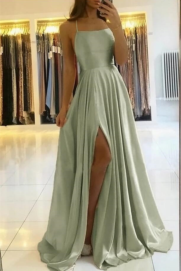 Spaghetti-Strap Long Prom Dress with Front Split | Ballbella