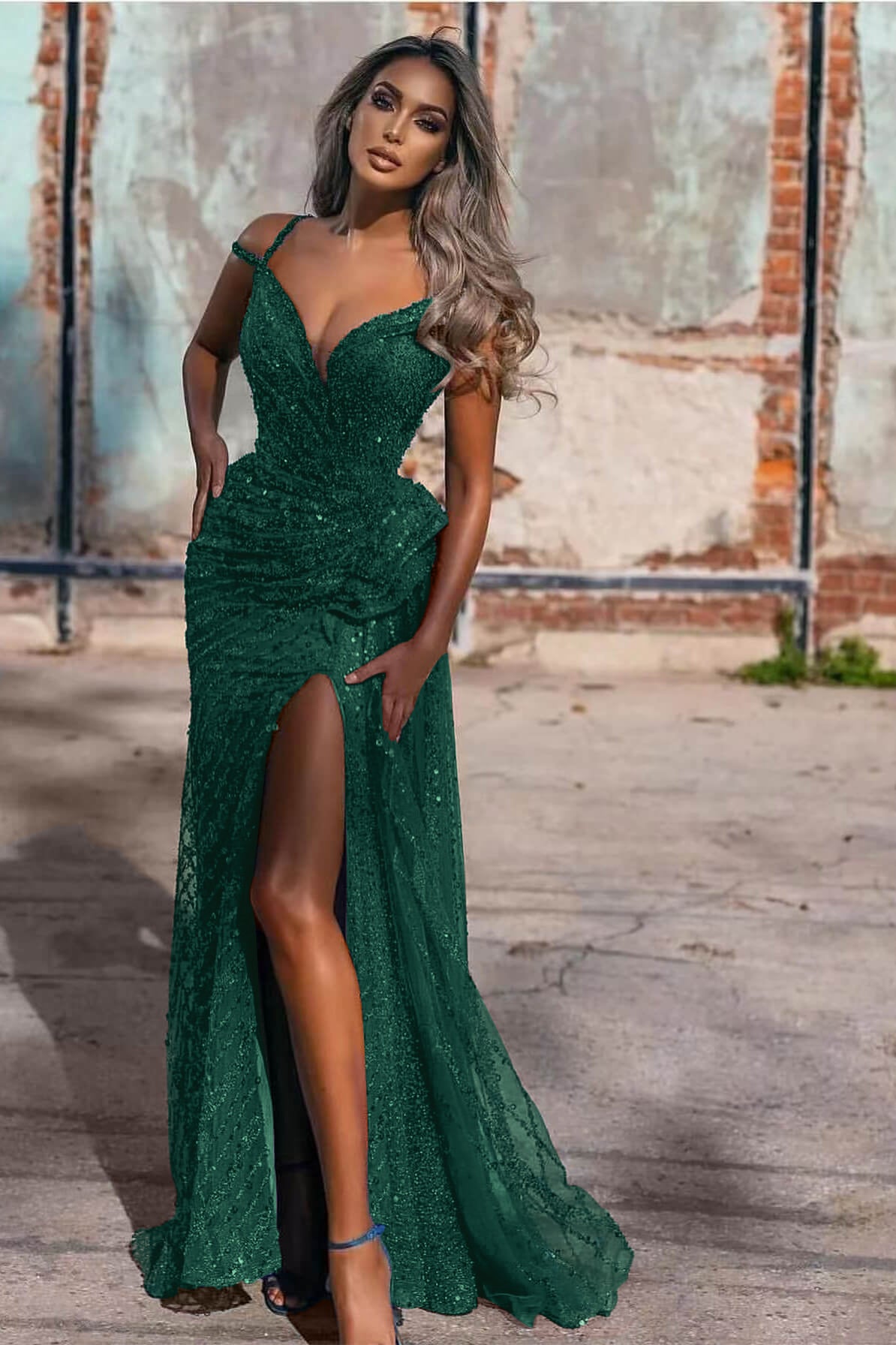 Sequins Royal Blue Off-the-Shoulder Evening Dress with Split Mermaid | Ballbella