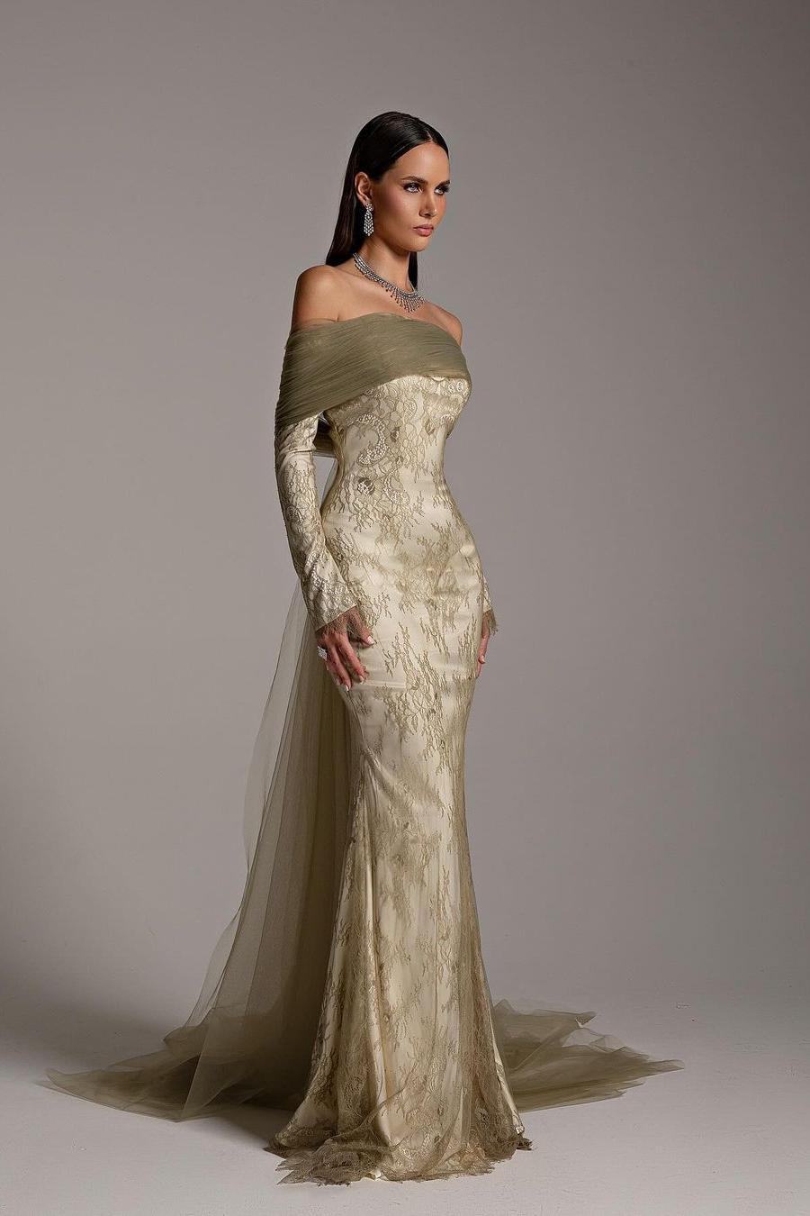 Stunning Printed Off-the-Shoulder Long Sleeve Mermaid Prom Dress with Pleats | Ballbella
